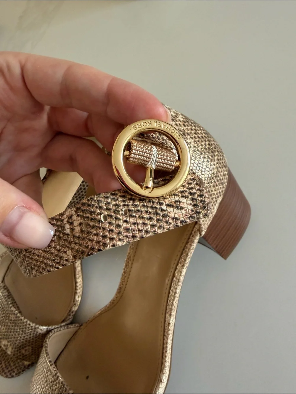 Michael Kors Beige Snake-Print Ankle Strap Sandals